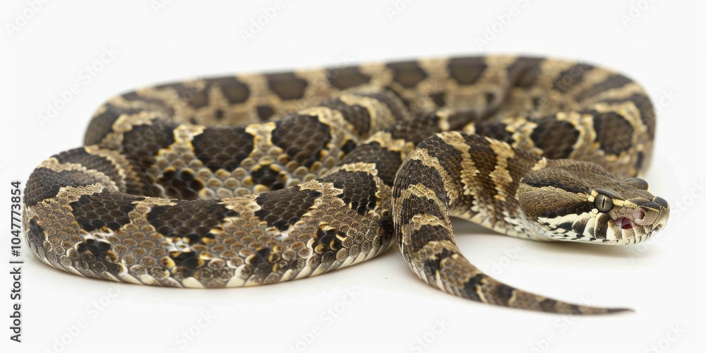 Poster majestic eastern diamondback rattlesnake is coiled tightly against a stark white background displayi