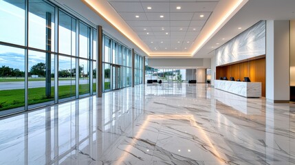 Fototapeta premium Sleek and Sophisticated Corporate Lobby with Expansive Glass Walls and Minimalist Design