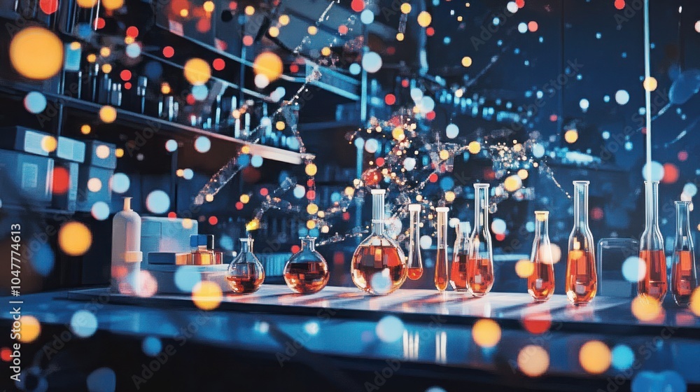 Poster a row of beakers filled with colorful liquids sit on a lab table in a dimly lit laboratory, surround