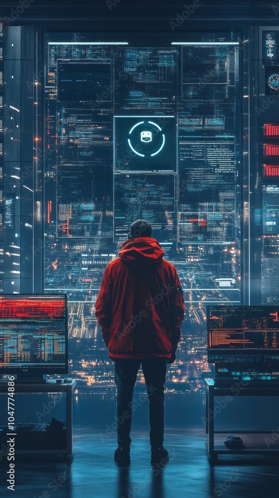 Poster A man in a red jacket stands in front of a computer monitor with a blue circle o