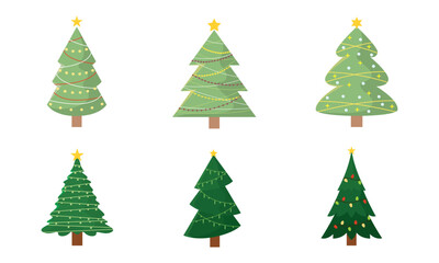 Set icon of Decorated Christmas trees with star and ornaments, Vector