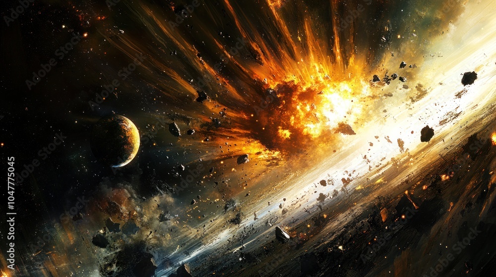 Poster a massive explosion in space with debris and a planet in the background.