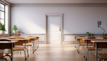 Fototapeta premium back to school classroom with an open door and empty white mockup wall background 3d rendering 3d illustration