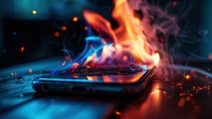 A smartphone catches fire while charging, showcasing the dangers of overheating batteries and their risks in indoor settings. Generative AI
