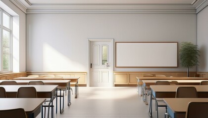 back to school classroom with an open door and empty white mockup wall background 3d rendering 3d illustration