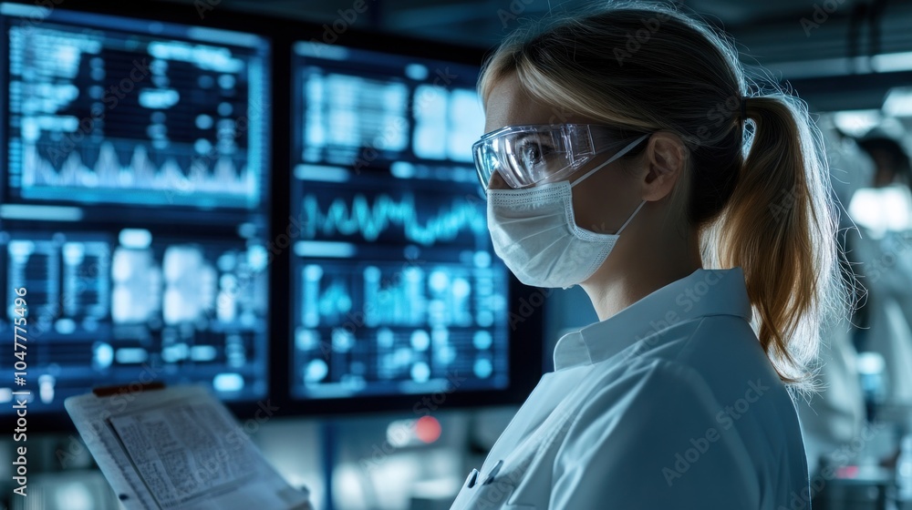 Poster female scientist in a lab coat and face mask looks at a digital display while holding a clipboard.