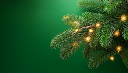 christmas tree branch with garland in front of green background