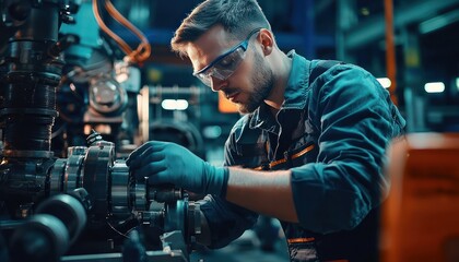A technician repairing a hydraulic pump on heavy machinery in a workshop.