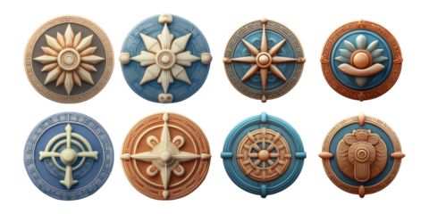 Decorative Shields with Unique Designs and Colors, PNG collection, set bundle, isolate on transparent or white background