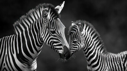 Naklejka premium A tender moment between a young zebra and its mother, highlighting their close bond.
