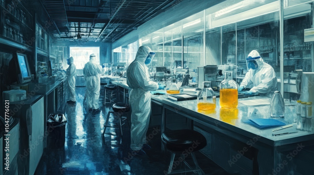Poster a team of scientists in protective suits work in a modern laboratory, conducting experiments with be