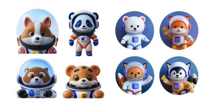 Cute Astronaut Animals in Colorful Space Designs, PNG collection, set bundle, isolate on transparent or white background