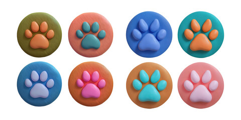 Colorful Paw Print Buttons for Pet Lovers, PNG collection, set bundle, isolate on transparent or white background
