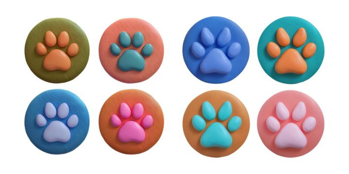 Colorful Paw Print Buttons for Pet Lovers, PNG collection, set bundle, isolate on transparent or white background - Powered by Adobe