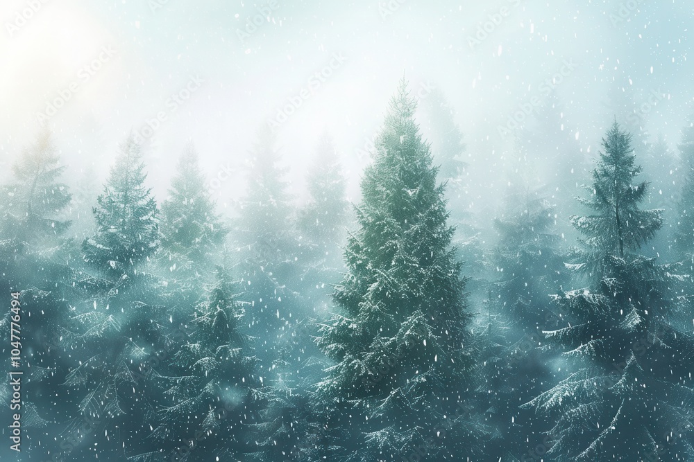 Poster a peaceful winter landscape showcases tall pine trees blanketed in fresh snow, surrounded by a gentl