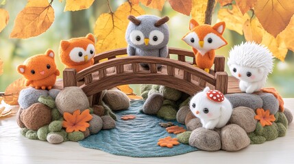 Cute Felted Animals on a Wooden Bridge in Autumn Setting