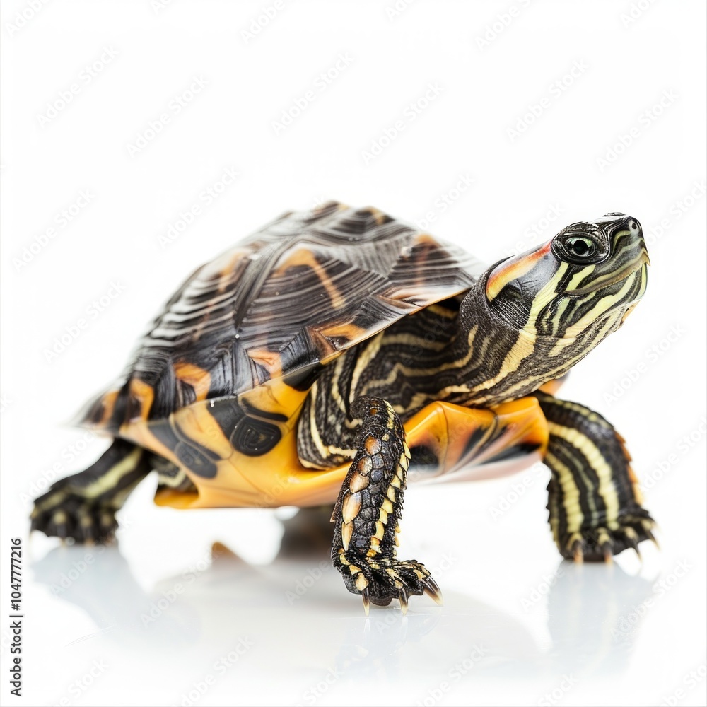 Poster european pond turtle with striking dark shell is showcased against a pristine white background creat