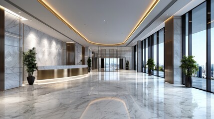 Obraz premium Luxurious Modern Hotel Lobby with Elegant Marble Floors and Lighting Design