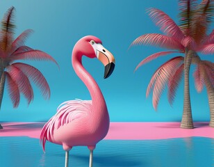 Fototapeta premium pink flamingo and palm tree on blue summer background 3d rendering 3d illustration