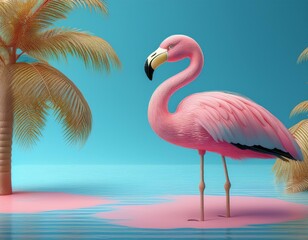Fototapeta premium pink flamingo and palm tree on blue summer background 3d rendering 3d illustration