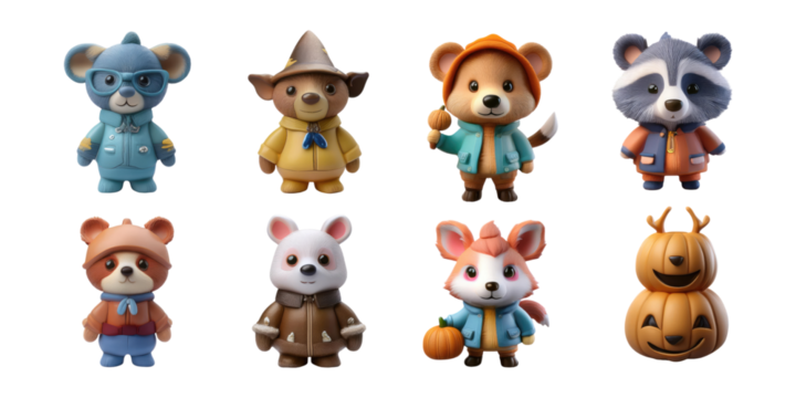 Cute Cartoon Animals in Colorful Outfits, PNG collection, set bundle, isolate on transparent or white background