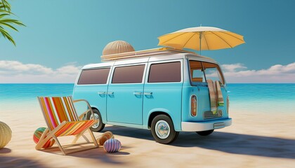 ready for summer travel blue van with deck chair and beach accessory 3d rendering 3d illustration