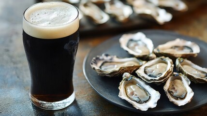 Dark beer in glass with oysters on plate