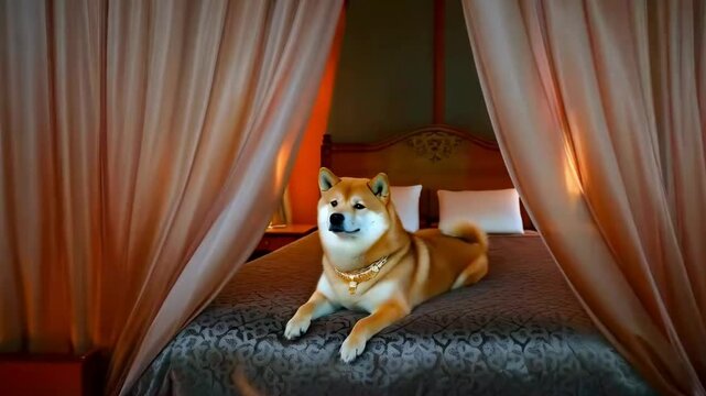 shiba inu on the emperor bed