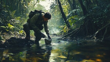 Obraz premium A lone explorer kneels by a jungle stream, carefully placing a small, folded paper boat into the water.