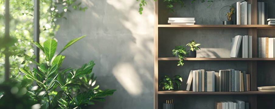 A virtual background of a sleek, modern office featuring a bookshelf and greenery.