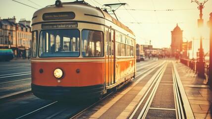 Obraz premium Vintage tram on sunlit tracks during sunset in European city
