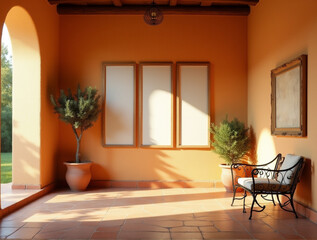 Cozy Mediterranean Luxury Villa Interior with Yellow Walls Featuring Three Blank Canvases and a Warm Evening Atmosphere