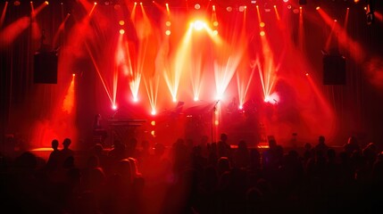 Obraz premium Musicians perform energetically on stage as bright lights illuminate the venue, captivating an excited crowd at the evening concert. Generative AI