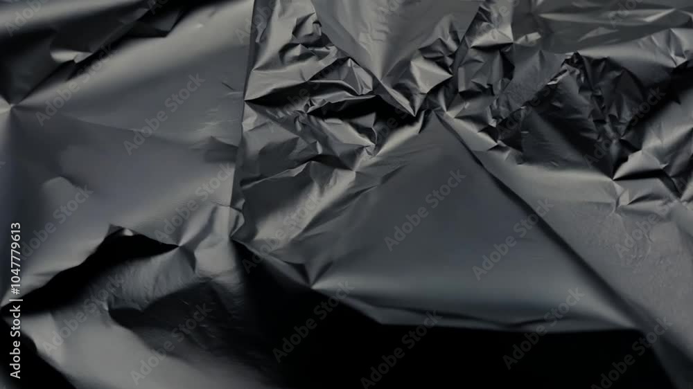 Leinwandbilder A crumpled black plastic sheet displays various textures and shadows, creating an abstract background. The light enhances its glossy surface, adding depth.