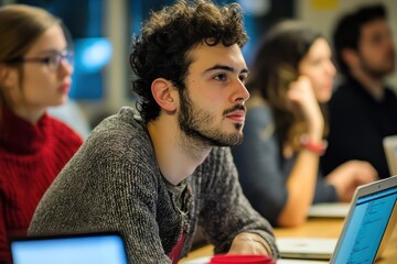 A web developer participating in a coding bootcamp and collaborating with peers.