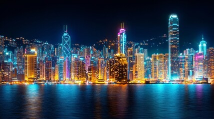 Futuristic cyberpunk city at night, neon skyscrapers illuminate advanced urban development and architecture. .