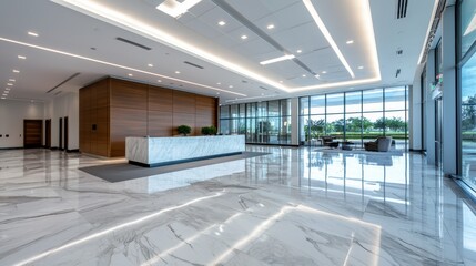 Sleek and Sophisticated Corporate Lobby with Marble Floors and Bright Lighting