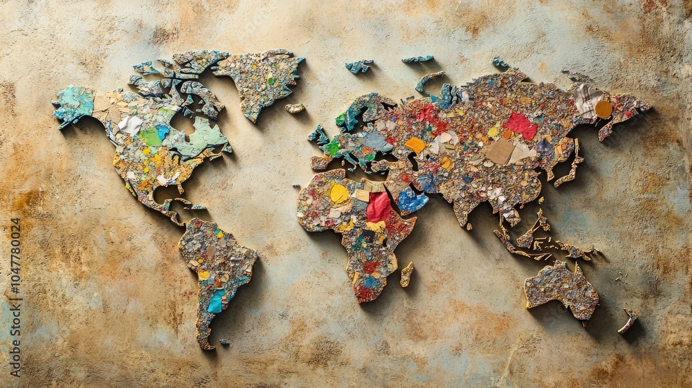 Poster abstract world map made from scattered colorful mixed-material bits