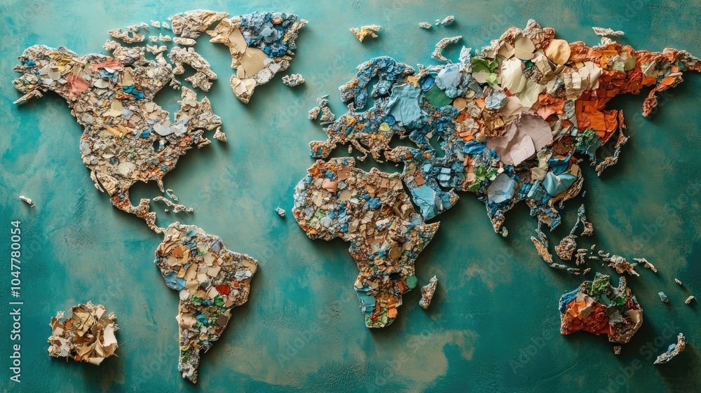 Poster artistic representation of global map using colorful recycled materials
