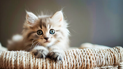 Close up portrait of a beautiful fluffy British Longhair kitten with an endearing gaze  The kitten s soft gray and white fur big eyes and playful expression create a captivating and charming image