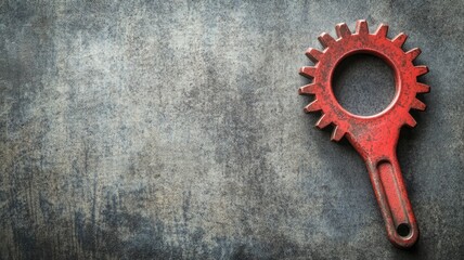 Fototapeta premium Red rusty gear-shaped tool on textured surface