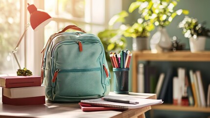 A well-stocked backpack with school essentials on a table in a seasonal setting.