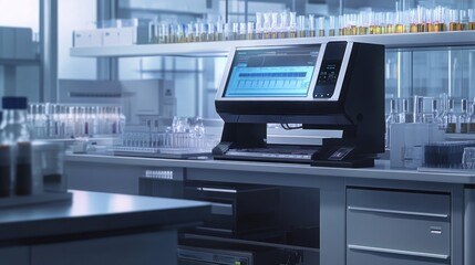 Modern laboratory with a scientific instrument on the counter.