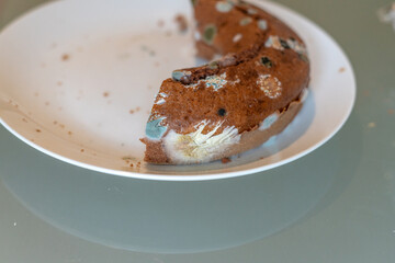 Half of a chocolate cake developed mold on the surface