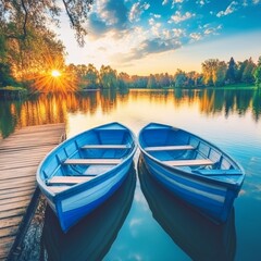 Fototapeta premium Two Wooden Boats on Calm Lake at Sunset. Scenic View With Pier, Tranquil Summer Evening.