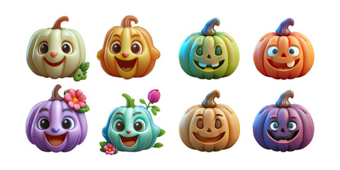 Fototapeta premium Colorful Cartoon Pumpkin Faces for Autumn Celebration, PNG collection, set bundle, isolate on transparent or white background