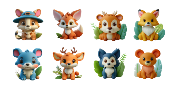 Cute Cartoon Forest Animals Collection, PNG collection, set bundle, isolate on transparent or white background