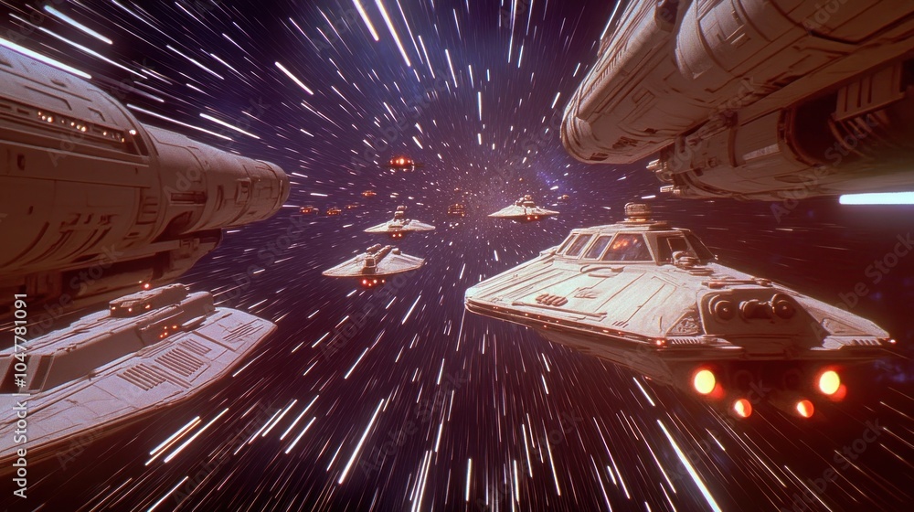 Poster a fleet of futuristic spaceships soar through a field of stars at hypersonic speed.
