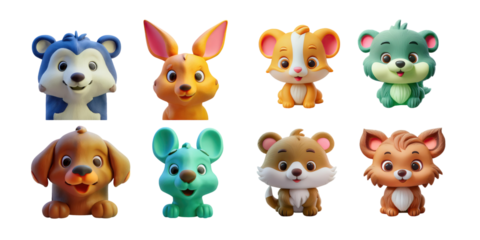 Cute Cartoon Animal Characters Collection, PNG collection, set bundle, isolate on transparent or white background