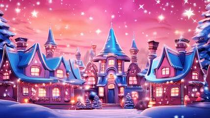 Fototapeta premium Christmas Harmony in a Joyful Cartoon Wonderland with Glittering Trees, Cheerful Decorations, and Enchanting Details, Illuminating a Festive Village in Delightful Blue and Pink Hues